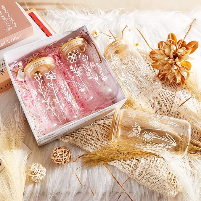 Mumufy 24 Pack Wedding Favor Glass Tumblers Boho Floral 16oz Iced Coffee Cups with Bamboo Lids and Straws Elegant Wedding Guest Favors and Reception Drinkware