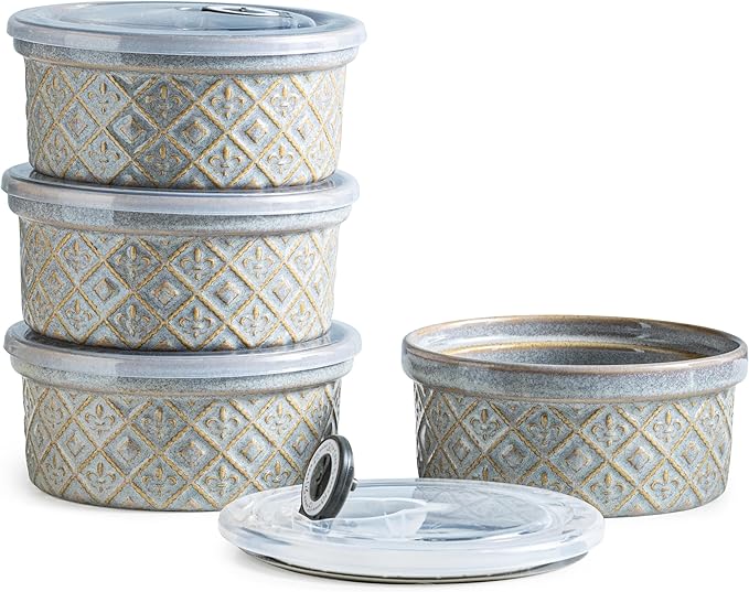 Large Ceramic Mixing Bowls with Lids Set of 4, 40 oz Salad Bowls for Kitchen Food Storage, Airtight Serving Bowls for Meal Prep, Cereal, Leftovers, Office Lunch, and Camping, Grey