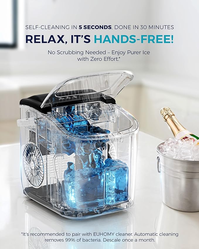 EUHOMY Countertop Ice Maker Machine with Handle, 26.5lbs Per Day, 9 Ice Cubes Ready in 6 Mins, Auto-Cleaning Portable Ice Maker with Basket and Scoop, for Home/Kitchen/Camping/RV (Black)