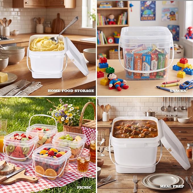 ASEVAT 6 Pack Square Plastic Buckets with Lids & Handles, 1L/2L/3L White & Clear Food-Grade Storage Pails, Stackable Airtight Containers for Food, Pantry & Cleaning Supplies