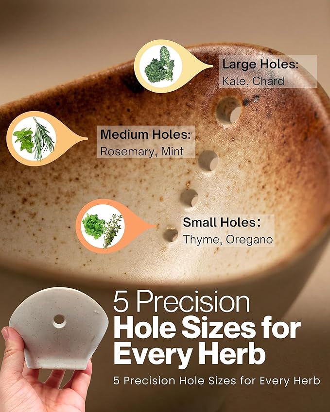 Herb Stripper Bowl, Handmade Ceramic Leaf Remover Tool for Basil, Parsley & Cilantro, Multi-Sized Holes Stem Separator, Textured Glaze Kitchen Gadget