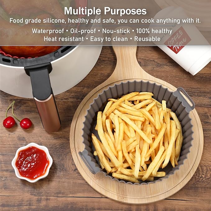 Silicone Liners, Pot 2 Pcs Reusable Non-Stick Air Fryer Basket Bowl Fit 3-5QT Baking Replacement of Flammable Parchment Paper(Round, 6.5 Inch)