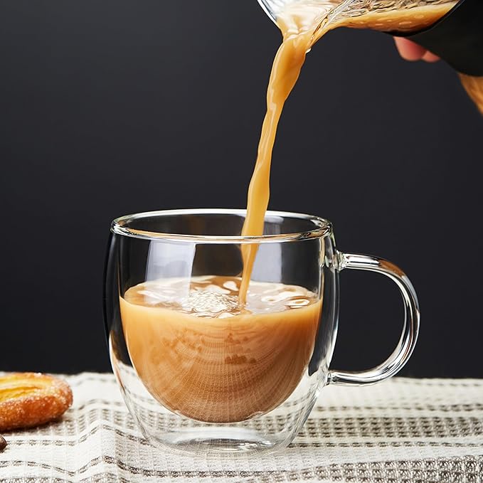 MESNEY Double Wall Insulated Espresso Cups & Mugs, Set of 6, 6.7 oz, Clear Glass for Coffee, Latte, Macchiato, Cappuccino & Tea, Dishwasher Safe