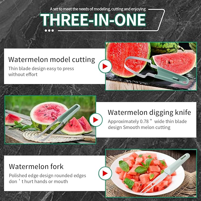 Watermelon Cutter Slicer Tool, 6-in-1 Melon Fork Slicer Cutter, Melon Baller Scoop Set, Stainless Steel Fruit Cutter, Seed Remover Cutter, Fruit Fork for Camping Kitchen Gadgets (3-in-1-green)