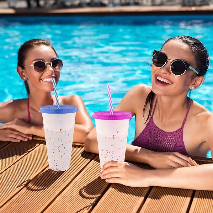 Color Changing Cups, 24 Pack 24oz Plastic Tumblers, Reusable Iced Coffee & Smoothie Cups with Lids and Straws for Parties and Travel(24, Rainbow)