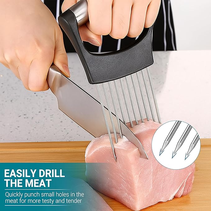 Onion Holder for Slicing – Stainless Steel Onion Slicer with Handle, Safe & Even Cuts, Time-Saving Vegetable Cutting Tool