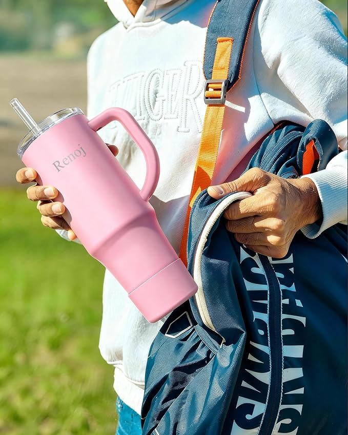 Renoj Insulated Mug 100% Spill Resistant Insulated Water Bottle for Iced Coffee & Hot Drinks - Fits Car Cup Holder, Ideal Gift, 2 Straws & Silicone Boot - FlexSlide Pink 32 oz