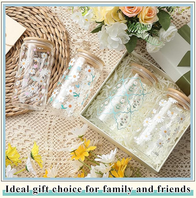 Mumufy 4 Pack Bridesmaid Gift Glass Cups, Cute Flower Mason Jars with Bamboo Lids & Straws, 16oz Iced Coffee Tumblers for Wedding, Bridal Party, Birthday, Mother's Day(Fresh Flower)