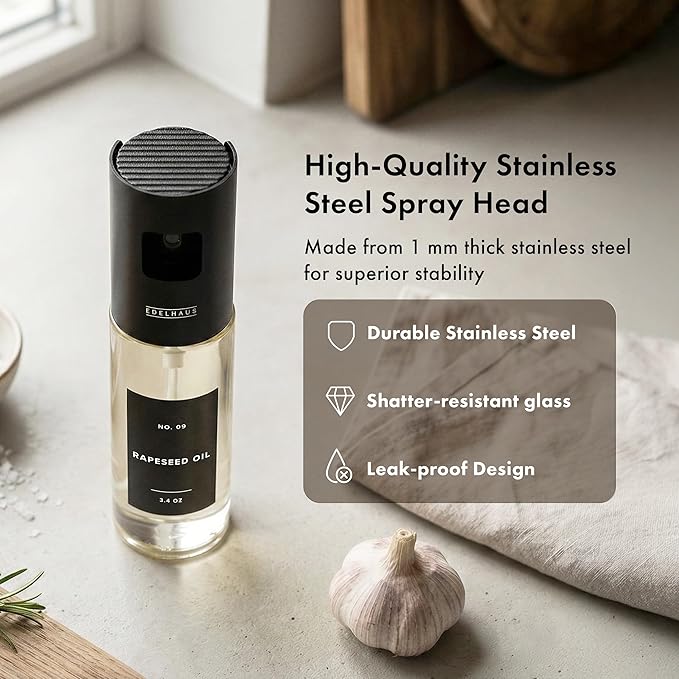 EDELHAUS Oil Sprayer Set of 2 – Oil Spray Bottle Made of Stainless Steel & Glass, for Healthy Cooking, Sprayer for Precise Dosage, for Cooking Oil & Vinegar Including 20 Labels, Funnel