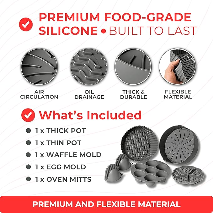 EM Set of 5 Silicone Air Fryer Liners with Egg Bite Mold, Waffle Mold & Mitts - 8.7” Round Reusable Silicone Inserts for 5-7 Qt Airfryers - Easy to Clean & Heat-Resistant Air Fryer Accessories Set