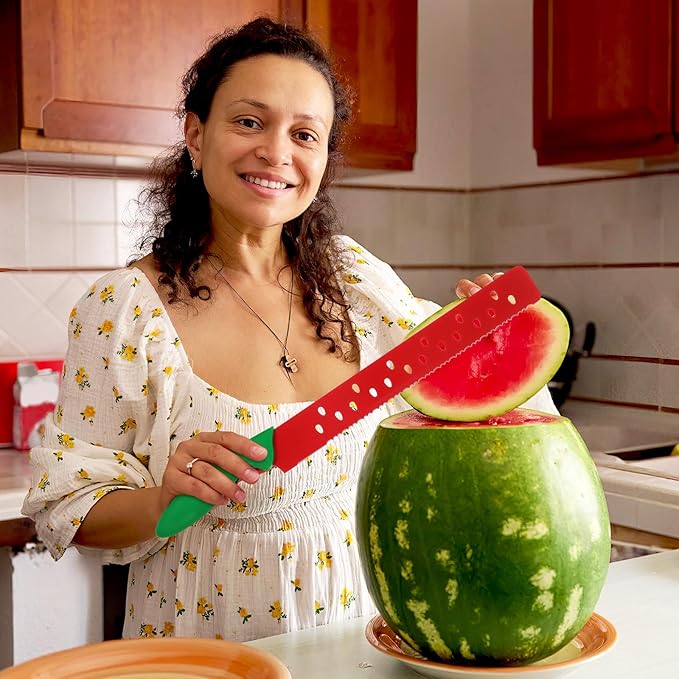 Toyvian 17.12 Inch Watermelon Cutter Knife with Protective Sleeve Stainless Steel Melon Slicer for Kitchen Baking Cake Bread Pizza Cutting