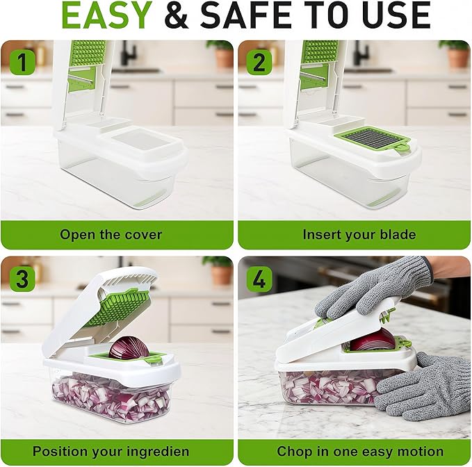 Mandoline Slicer for Kitchen, Vegetable Chopper & Dicer, Professional Food Slicer with Stainless Steel Blades, Safe Veggie Chopper for Onion Potato Carrot Fruit, Easy to Clean