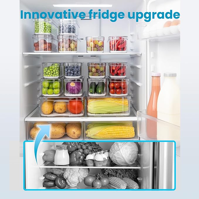 SMRCAD 6 Pack Refrigerator Organizers, Clear Pull-out Drawer Container and Organizer Bins with Lids, Stackable Storage Containers for Fruits, Vegetable (Set of 6 (Include Pull Out Drawer))