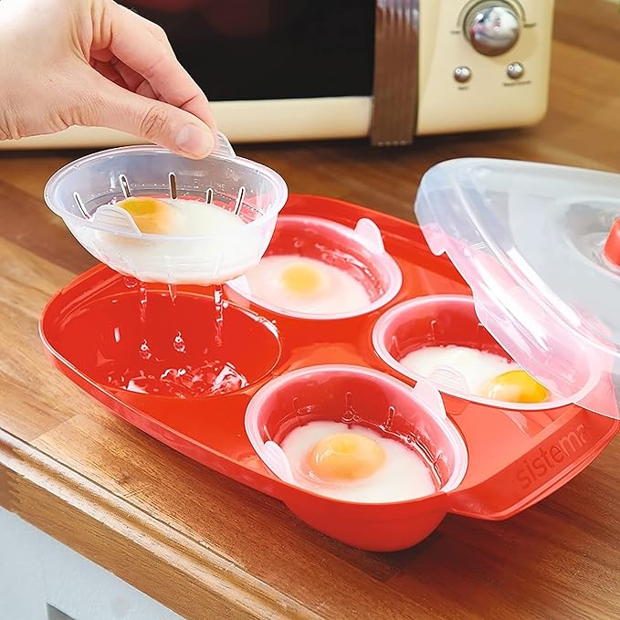 Sistema Microwave Poacher for up to 4 Eggs, Red/Clear, 28.7 x 20.5 x 8.4 cm