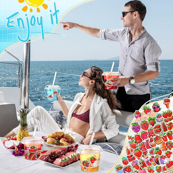 Funnymoom 30 Set Strawberry Clear Plastic Cups with Lids & Straws 24oz Disposable Rum Drink Buckets Bulk for Cocktail Parties with Handles & Stickers for Holiday Birthday Beach Pool Party Supplies