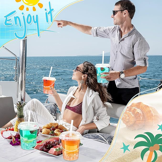 Funnymoom 15 Set 34oz Clear Plastic Drink Buckets with Lids and Straws Disposable Iced Coffee Cups Rum Buckets for Cocktail Parties Smoothie Cup Bulk with Handles for Beach Pool Party Supplies
