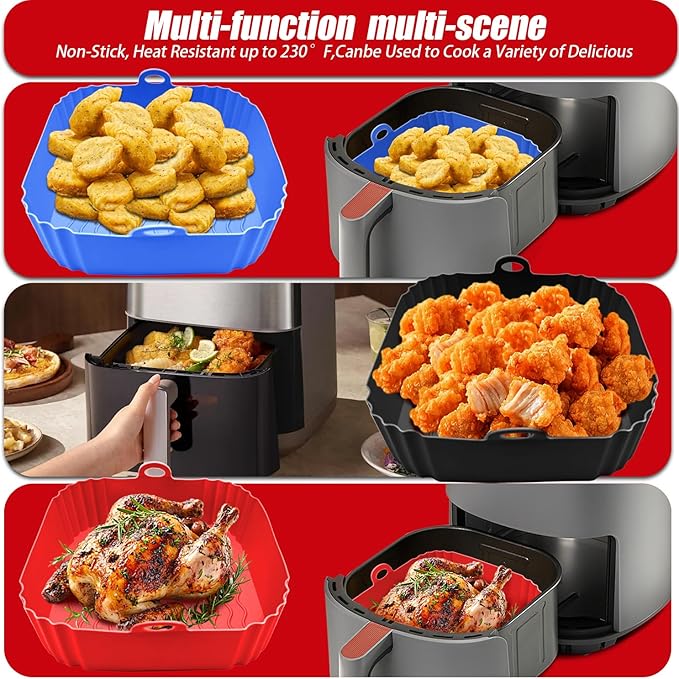 2 Pack Air Fryer Liners,8 Inch Silicone Airfryer Liners,Air Fryer Accessories,Reusable Baking Tray Oven Accessories,Replacement of Flammable Parchment Paper (Red Blue) (Black&Red&Blue)