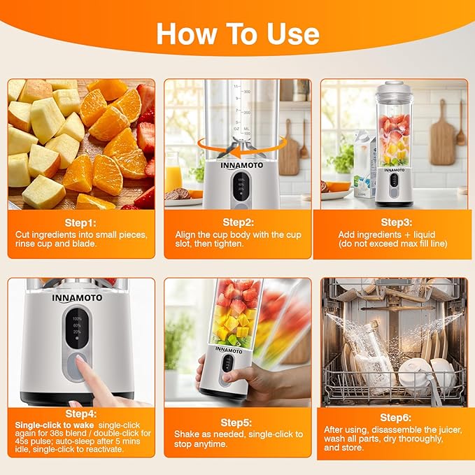 Portable Personal Size Blender for Smoothies - Cordless Mini Blender With Powerful Blending, 20oz BPA-Free Juice Cup With Leak-proof Travel Lid, Type-C Rechargeable, Freshly Squeezed in Gym/Picnic