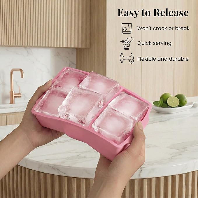 KitchFort Large Silicone Ice Cube Tray (2-Pack), Easy Release 2" Big Ice Cubes - Cocktail, Whiskey Ice Cubes Mold - Ice Trays for Freezer with Lid - Stackable Silicone Ice Tray - Pink