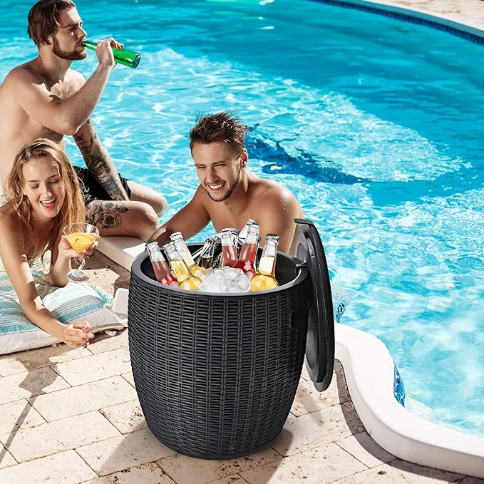 Giantex 9.5 Gallon Ice Cooler, Wicker Round Ice Chest, Outdoor Beer Wine Ice Bucket, Top Lid Side Handles Drainage Plug, Weather-resistant Patio Cool Bar Table for Cocktail Party Poolside Deck