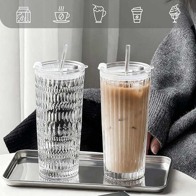 Puraville 2 Pack 18oz Glass Cups with Lids and Straws, Vintage Diamond Pattern Thickened Glassware for Whiskey Cocktail Beer, Mason Jar Drinking Glasses Tumbler Iced Coffee Cup, Clear