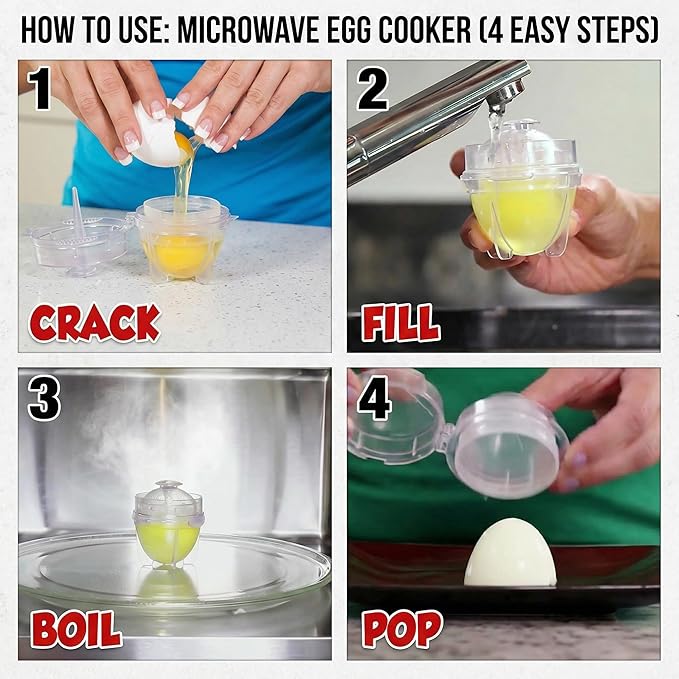 Microwave Egg Cooker (2 Pack), Rapid Hard Boiled Egg Maker & Poacher for Breakfast Sandwiches, BPA-Free Double Boiler Cups with Yolk Piercer, Non-Stick No Shell Peeling, Portable for Dorm & Office, Transparent