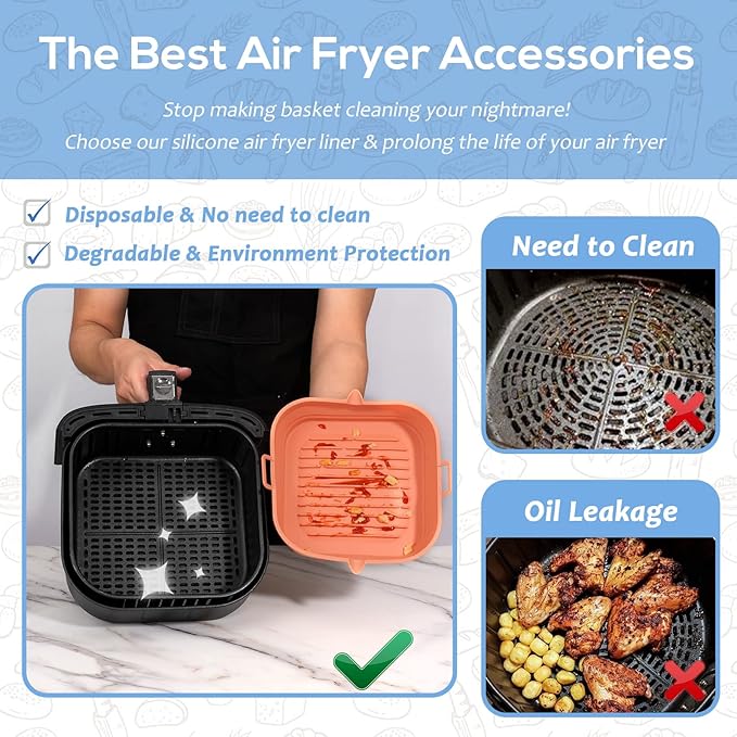 Silicone Air Fryer Liners Square - Reusable Airfryer Collapsible Basket - Easy to Clean Air Fryers Pot for 5.8 to 8 Qt Baking Tray Oven Accessories, 8.5 Inch Large