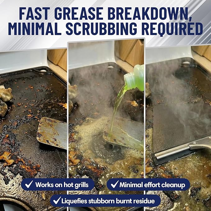 Griddle-Whiz Grill & Griddle Cleaner | Removes Grease, Food Residue, Burnt On Organics | Non-Toxic High Heat Flat Top Grill Cleaner & Food Contact Surface | Non-Caustic Formula by FryOilSaver (32oz)