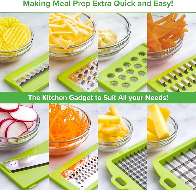PrepNaturals Vegetable Chopper with Container, Veggie Chopper, Food Chopper & Onion Chopper - Mandoline Slicer for Kitchen (12 in 1, Green)