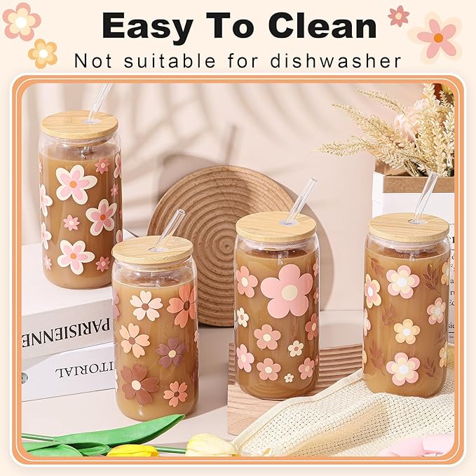 Mumufy 4 Pack Bridesmaid Glass Tumbler Gifts Cute Boho Floral 16oz Iced Coffee Cups with Bamboo Lids and Straws Elegant Bridal Party Proposal and Wedding Shower Gifts