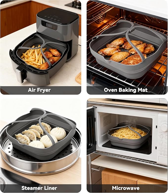 Silicone Air Fryer Liners with Handles: 8.3 Inch Square Reusable Airfryer Basket Liner for 3.5-5 Qt - Baking Tray Insert Cooking Air Fryer Accessories for Cosori Philips Ninja Instant Vortex And More