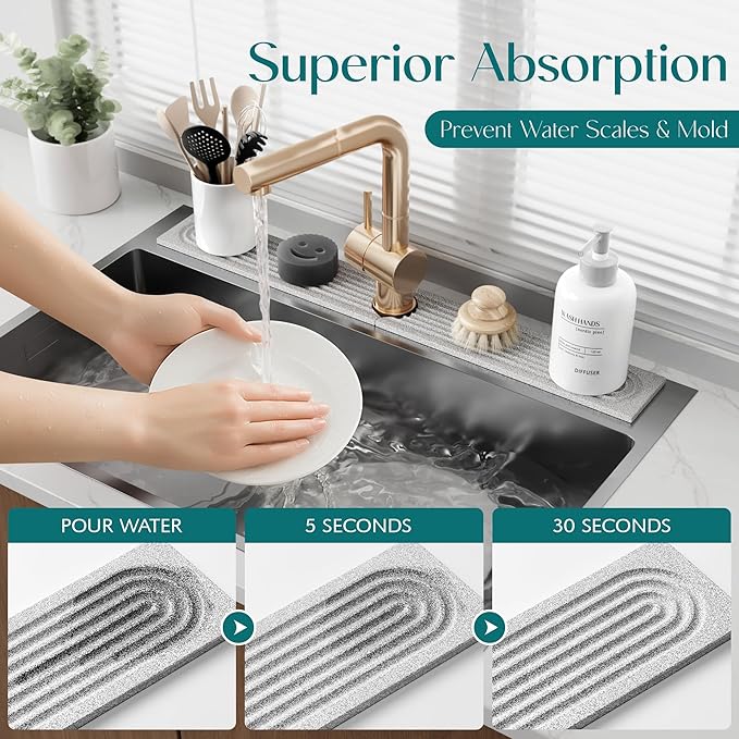 Stone Faucet Mat for Kitchen Sink, Diatomite Stone Drying Mat for Kitchen Counter, 2026 Upgraded Dishwasher-Safe & Ultra Absorbent, Chemical-Free Stone Dish Mat for Bottles Utensils (30" x 3.9")
