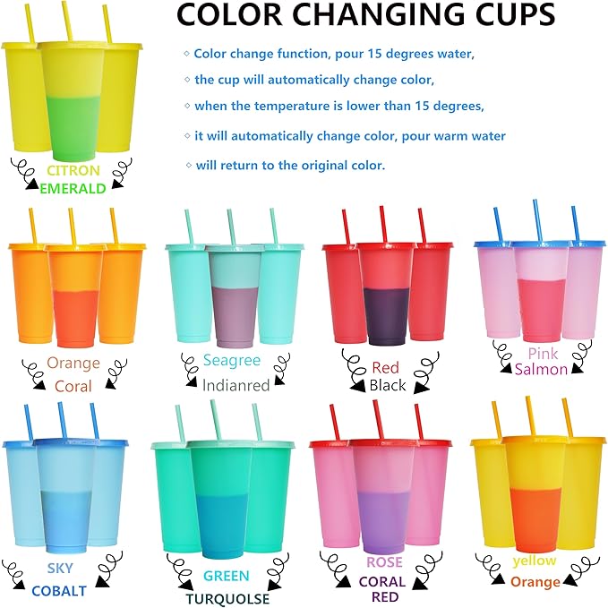 Color Changing Cups, 9 Pack 24oz Plastic Tumblers, Reusable Iced Coffee & Smoothie Cups with Lids and Straws for Parties and Travel