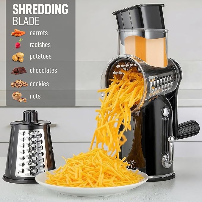 Zulay Kitchen Rotary Cheese Grater 5 Blade Cheese Shredder - Manual Hand Crank Cheese Grater With Reinforced Suction & 5 Interchangeable Drums - Easy to Use, Vegetable Chopper Round Mandoline Slicer