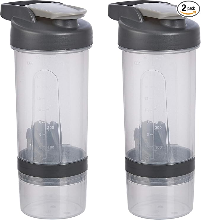 Amazon Basics Protein Shaker Bottle with Mixer Ball, Dishwasher Safe, 20 oz, Gray, 2-Pack