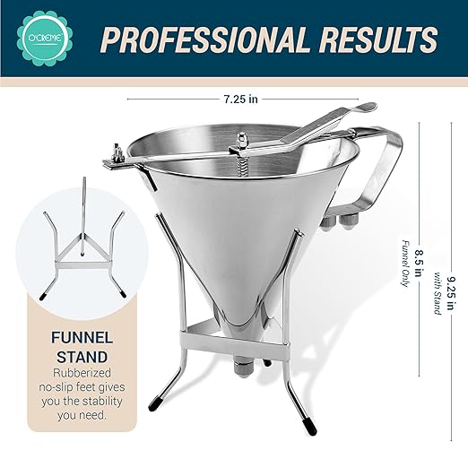Stainless Steel Confectionery Funnel Dispenser with Precision Nozzles – Includes 1/8", 1/4", and 1/3" Tips – Ideal for Chocolate, Sauces, Batter, and Pastry Work
