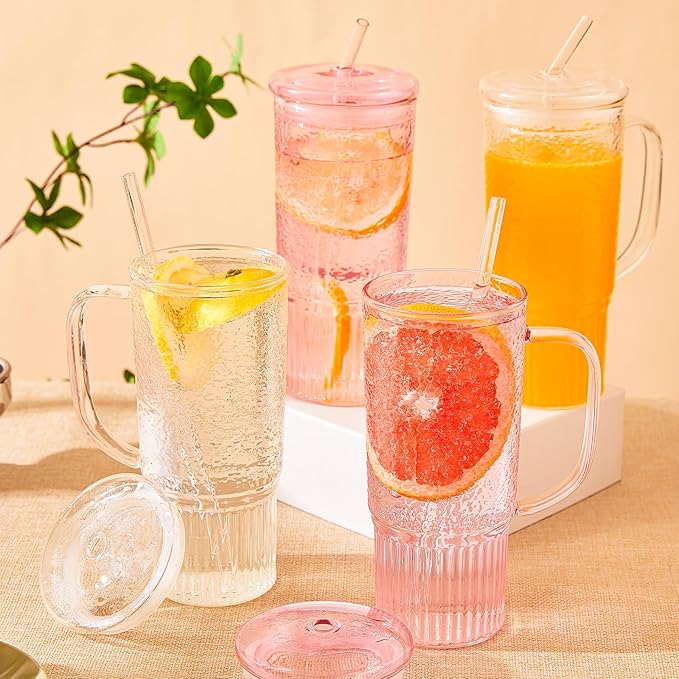 JunVpic Glass Cups with Lids and Straws,24oz Glass Tumbler with Handle Iced Coffee Cup for Coffee,Juice,Tea,Milk,Smoothie,Hot & Cold Drinks (Clear)