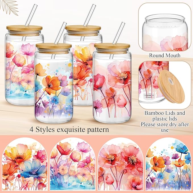 Mumufy 4 Pack 16 oz Watercolor Floral Glass Tumbler with Bamboo Lid & Straw, Colorful Garden Flower Iced Coffee Mug, Reusable Aesthetic Drinkware, Christmas/mother's Day/birthday Gift for Mom Sister