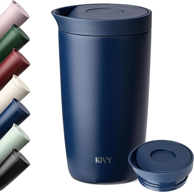KIVY Thermos Mug 12oz [COFFEE MUG TO GO] - Insulated Stainless Steel Thermal Coffee & Tea Mug Dishwasher Safe & Leak Proof - Travel Mug - Coffee Cup - Drinking Mug Hot & Cold Beverages - Dark Blue