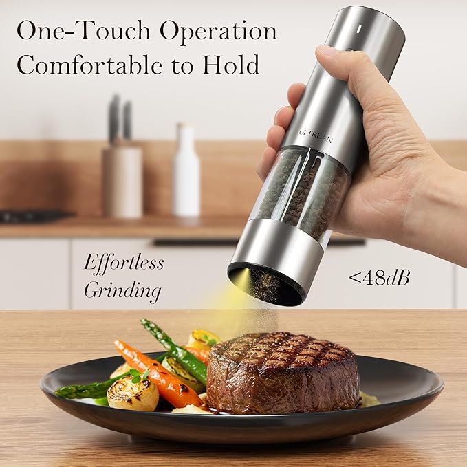 Ultrean Salt and Pepper Grinder Set, Rechargeable Salt and Pepper Shakers, 6 Adjustable Coarseness, LED Light, Kitchen Gadget Cooking Gifts Valentines Day Gifts for Him Her Mom Dad, Stainless Steel
