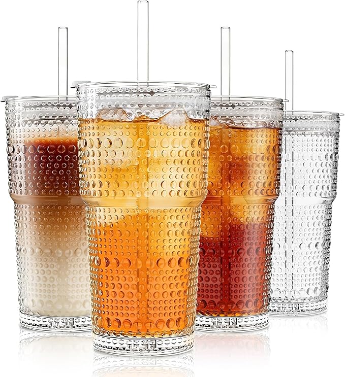 INSETLAN 20oz Hobnail Glass Cups with Lids and Glass Straws – 4 Pieces, Thick-Walled Glass Tumblers for Iced Coffee, Smoothies, Milk, Water, Juice, and More – Elegant and Durable Drinking Glasses
