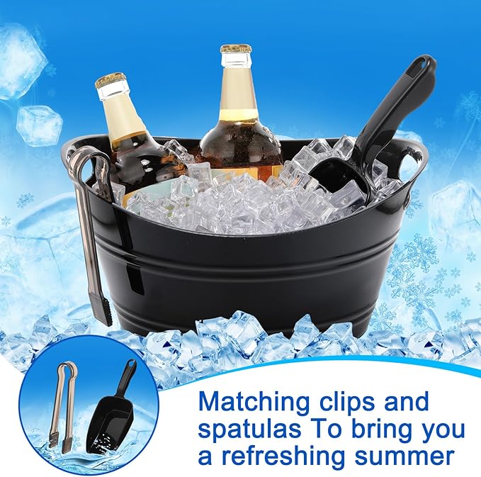 Zhehao 10 Pcs Ice Bucket for Parties 4.5 l Oval Beverage Tub with 5 Plastic Ice Scoops and 5 Tongs Champagne Bucket for Beer Wine Cocktail Beverage Bar Banquet Family Gathering (Small Scoops, Black)