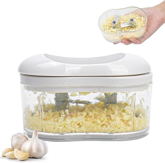 Garlic Dicer Push Chopper, Manual Hand Press Picador De Ajo, Food Mincer Cutter Slicer for Onion Vegetable Chili Peppers Fruits, Small Portable Handheld Easy Processor Shredder for Household Kitchen