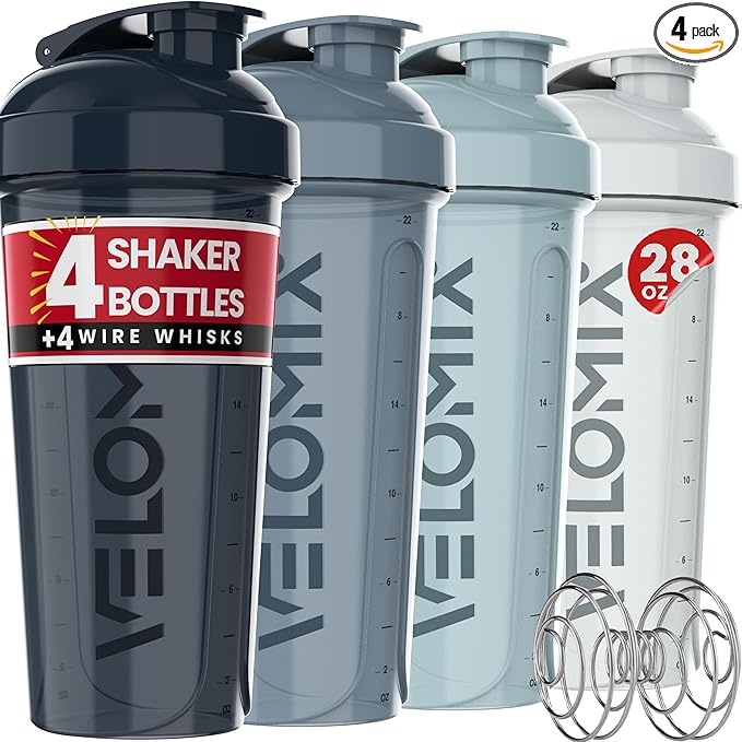 VELOMIX -4 PACK 28 Oz Protein Shaker Bottle for Protein Mixes - 4x Wire Whisk | Leak Proof Shaker Cups for Protein Shakes | Large, Stackable Protein Shaker Bottles Pack | Dishwasher Safe (Aqua Depths)