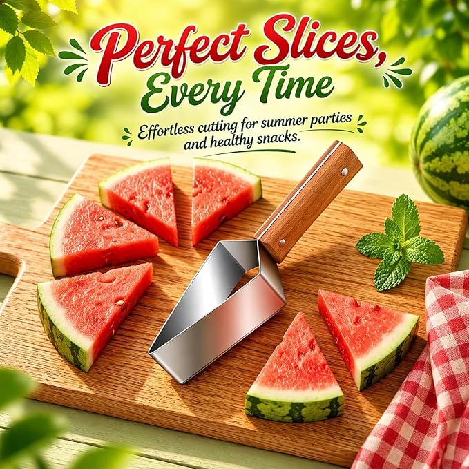 Stainless Steel Watermelon Cutter, Triangle Fruit Slicer with Wooden Handle, Melon Divider Tool for Watermelon, Cantaloupe and Honeydew, Kitchen Gadget for Picnic and BBQ (2PC)