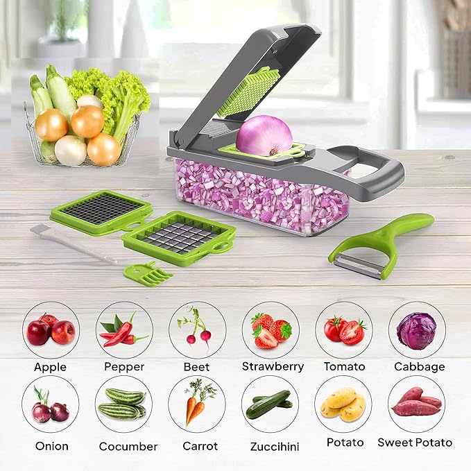 Pro-Series 16-in-1 Vegetable Chopper & Food Chopper with Container - Multi-Blade Cutter, ABS Mandoline Slicer, Fruit Slicer, Onion Chopper, Dicer, Grater, Kitchen Gadgets & Accessories