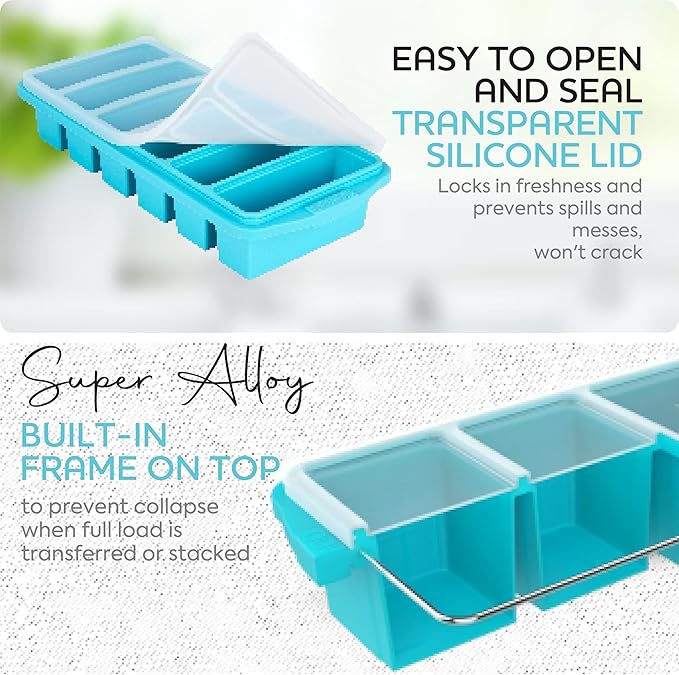 Silicone Freezer Tray With Lid-Soup Freezer Container molds-Large Ice Cube Tray Set Makes 1-Cup & 1/2-Cup portions cubes Perfect for preparing meals in different portion sizes Oven & Dishwasher -Safe