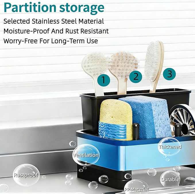 304 Stainless Steel Sink Caddy with Auto-Drain, Rustproof Sink Organizer, Sponge Holder with Removable Brush Holder & Towel Rack, Countertop Storage for Dish Soap Dispenser, Kitchen Sink Accessories