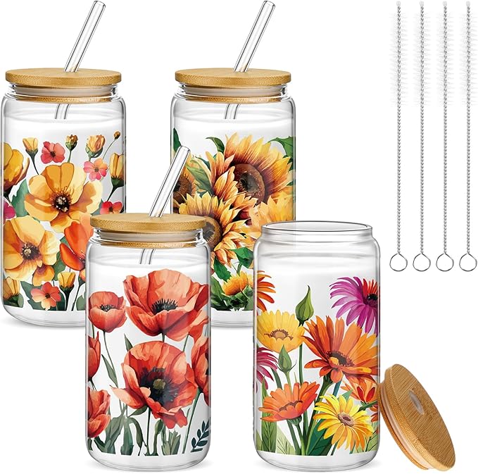 Mumufy 4 Pack Oil Flower Themed Gifts for Women Cute Glass Cup Tumbler Flower Iced Coffee Mugs 16 oz Glass with Bamboo Lid & Straw, Christmas Mothers Day Birthday Gift for Mom Sister Bridesmaid