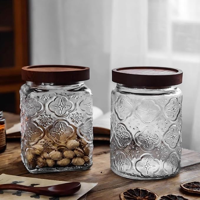 Custde Glass Storage Jars With Airtight Lid, 23.7oz Container For Kitchen Counter with Wooden Lid, brown sugar, candy, coffee, cookie, salt, tea, cute Jar (Sunflower*2)